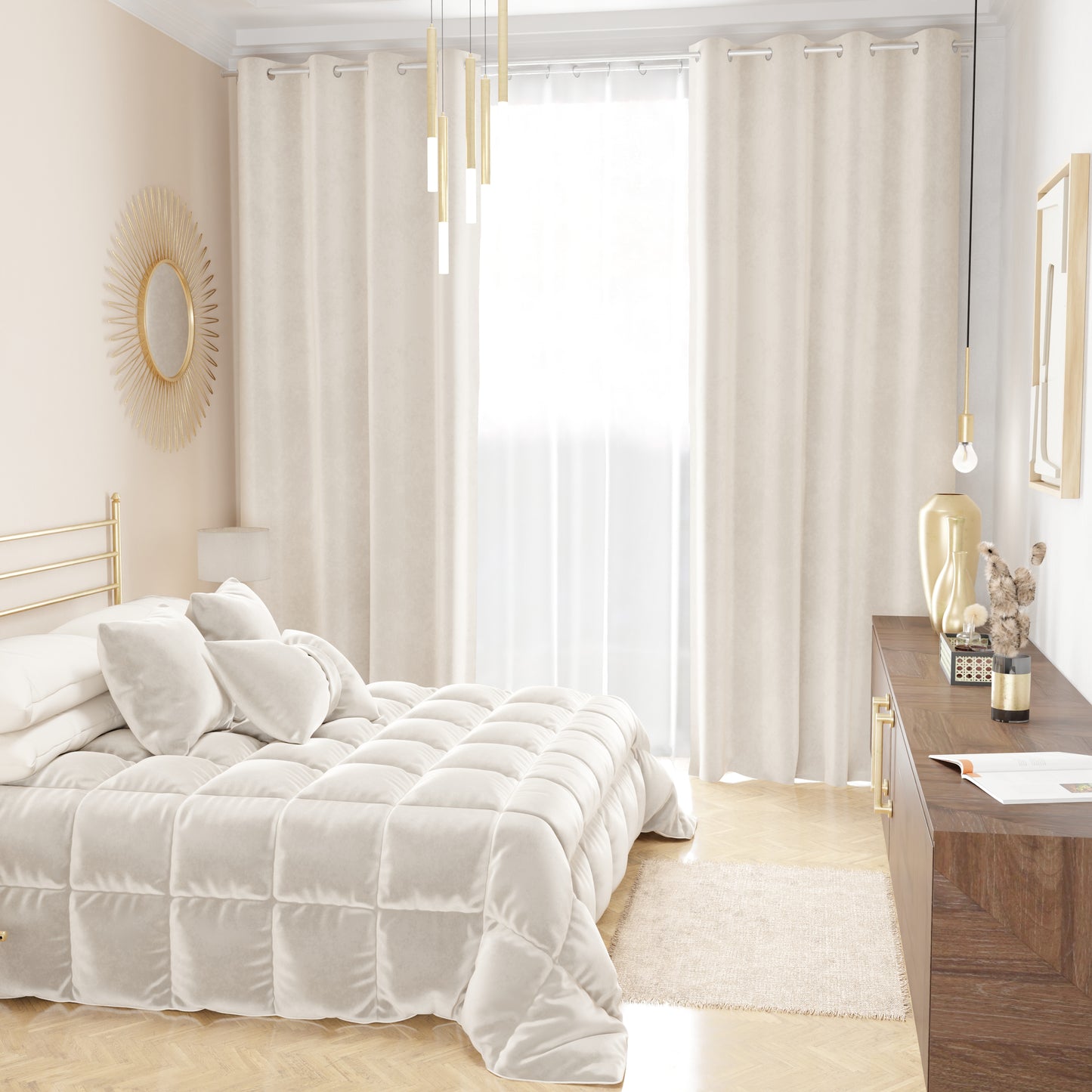 Tenda a Pannello in Velluto per Interni con Anelli, 140x280 cm, Bianco Latte