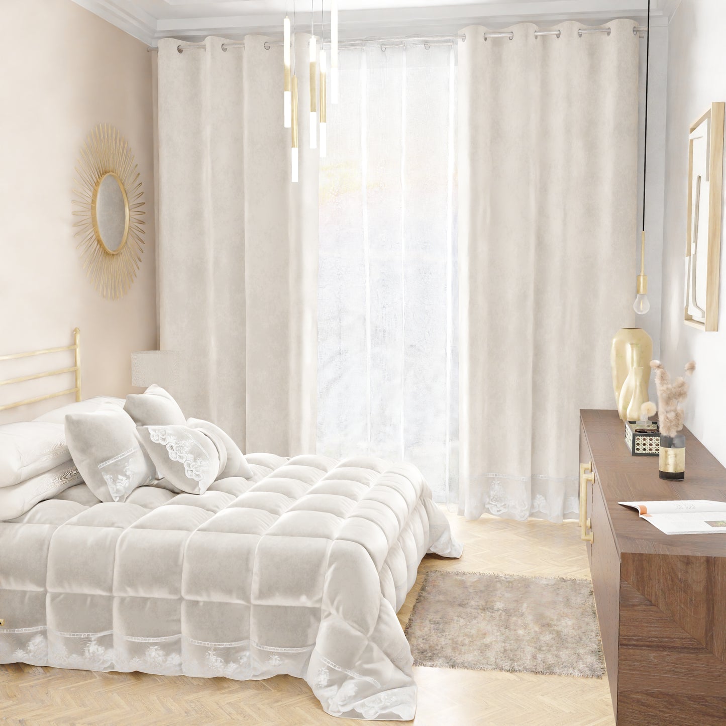 Tenda a Pannello in Velluto per Interni con Anelli e Pizzo Rebrodè, 140x280 cm, Bianco Latte by Sissy