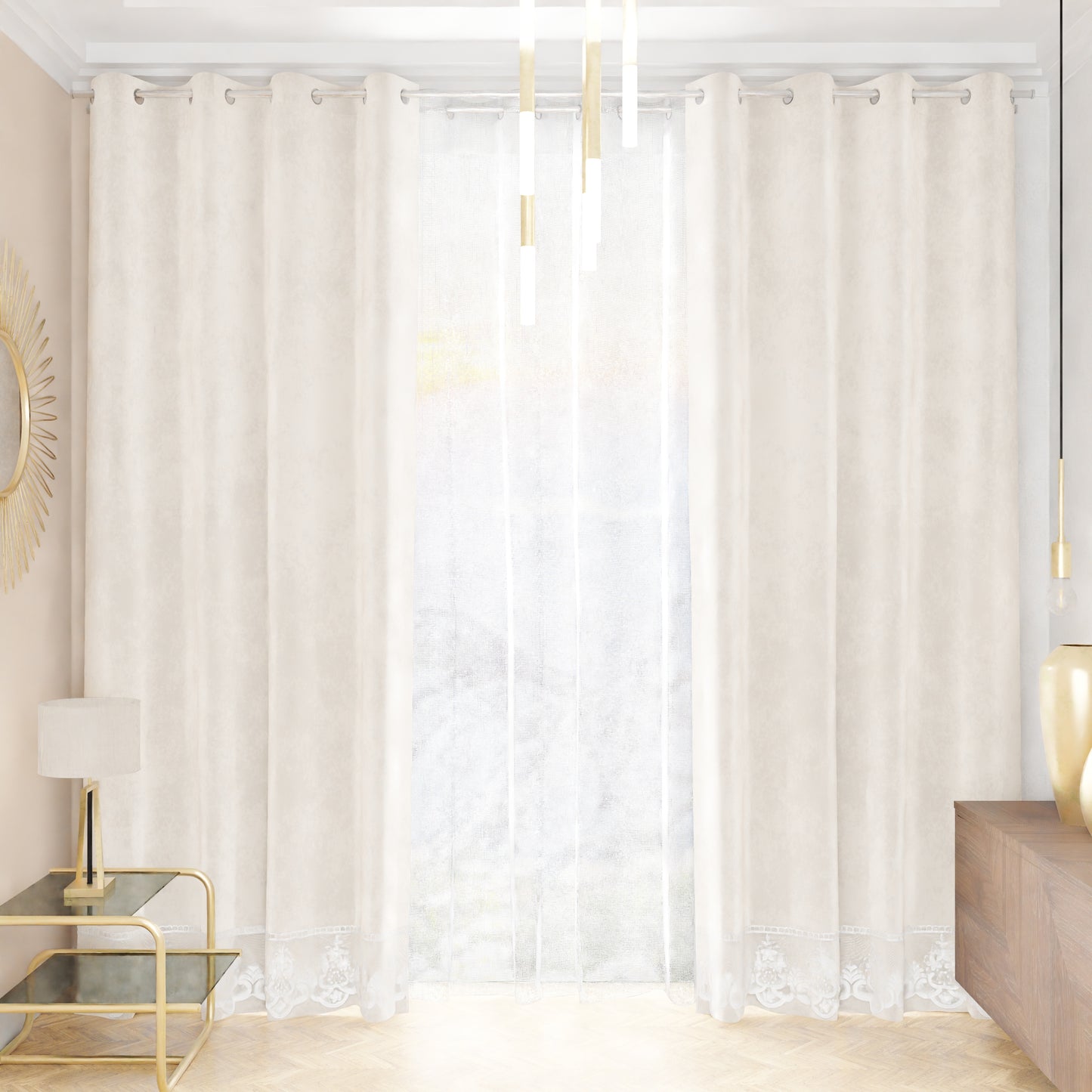 Tenda a Pannello in Velluto per Interni con Anelli e Pizzo Rebrodè, 140x280 cm, Bianco Latte by Sissy