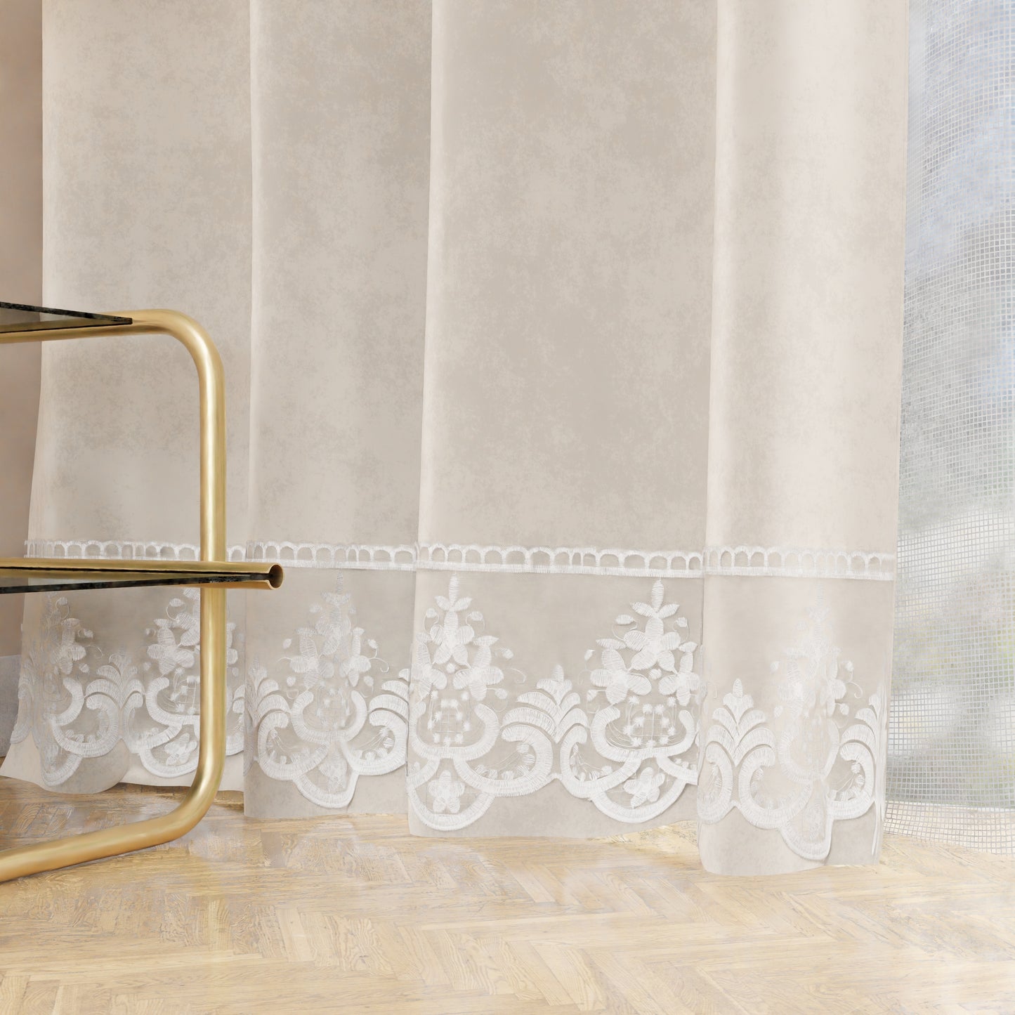 Tenda a Pannello in Velluto per Interni con Anelli e Pizzo Rebrodè, 140x280 cm, Bianco Latte by Sissy