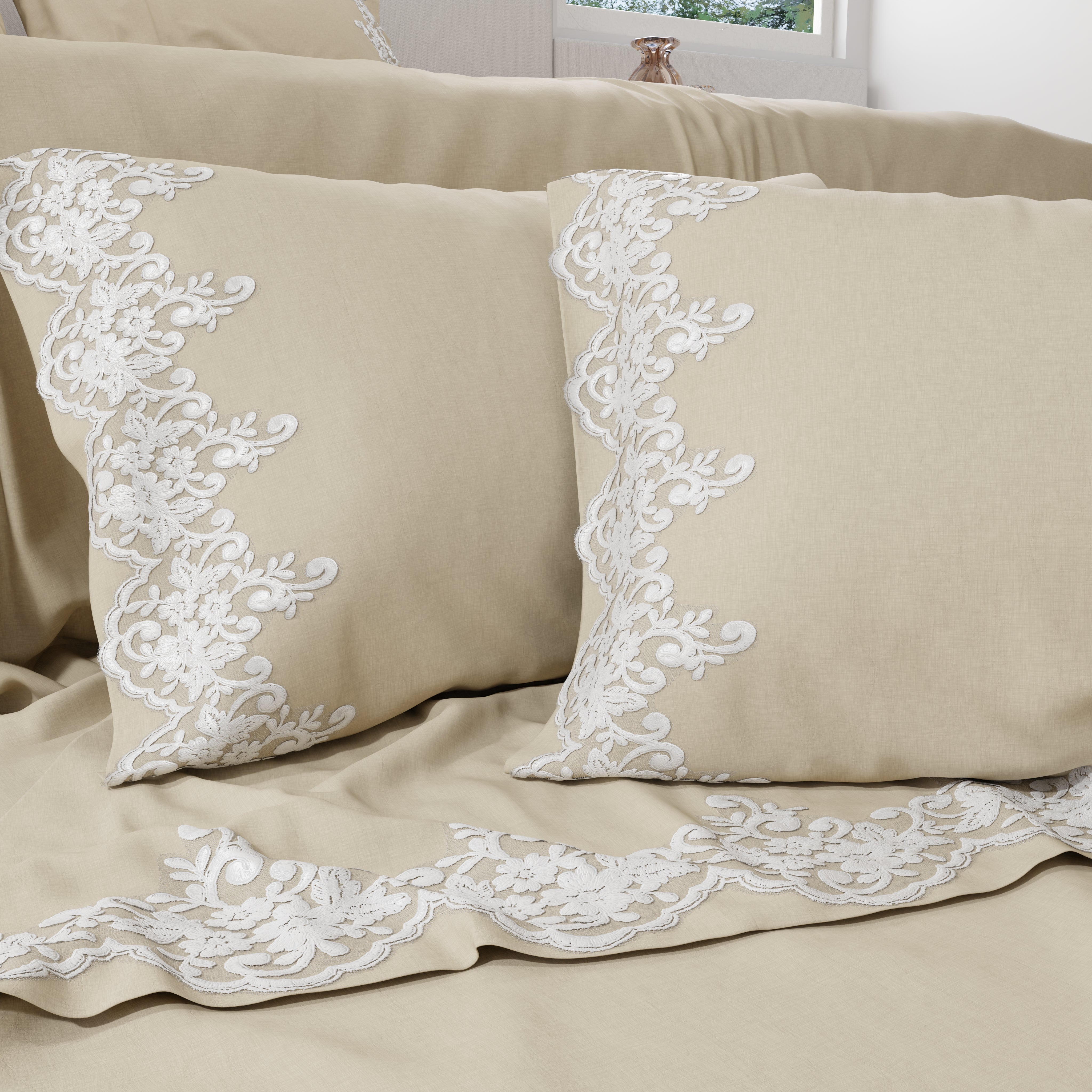 PETTI Lenzuola Percalle con Pizzo, Lenzuola Matrimoniali Cotone Beige