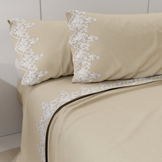 Lenzuola Percalle con Pizzo, Lenzuola Matrimoniali Cotone Beige