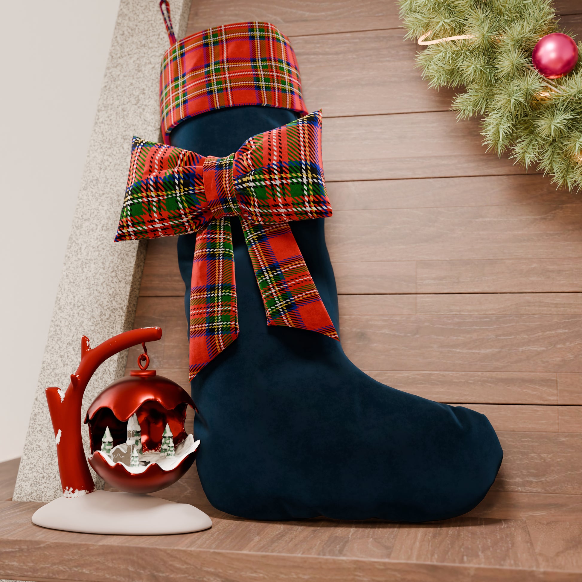 Calza Befana in Velluto con Fiocco, Calza Natalizia Tartan Blu