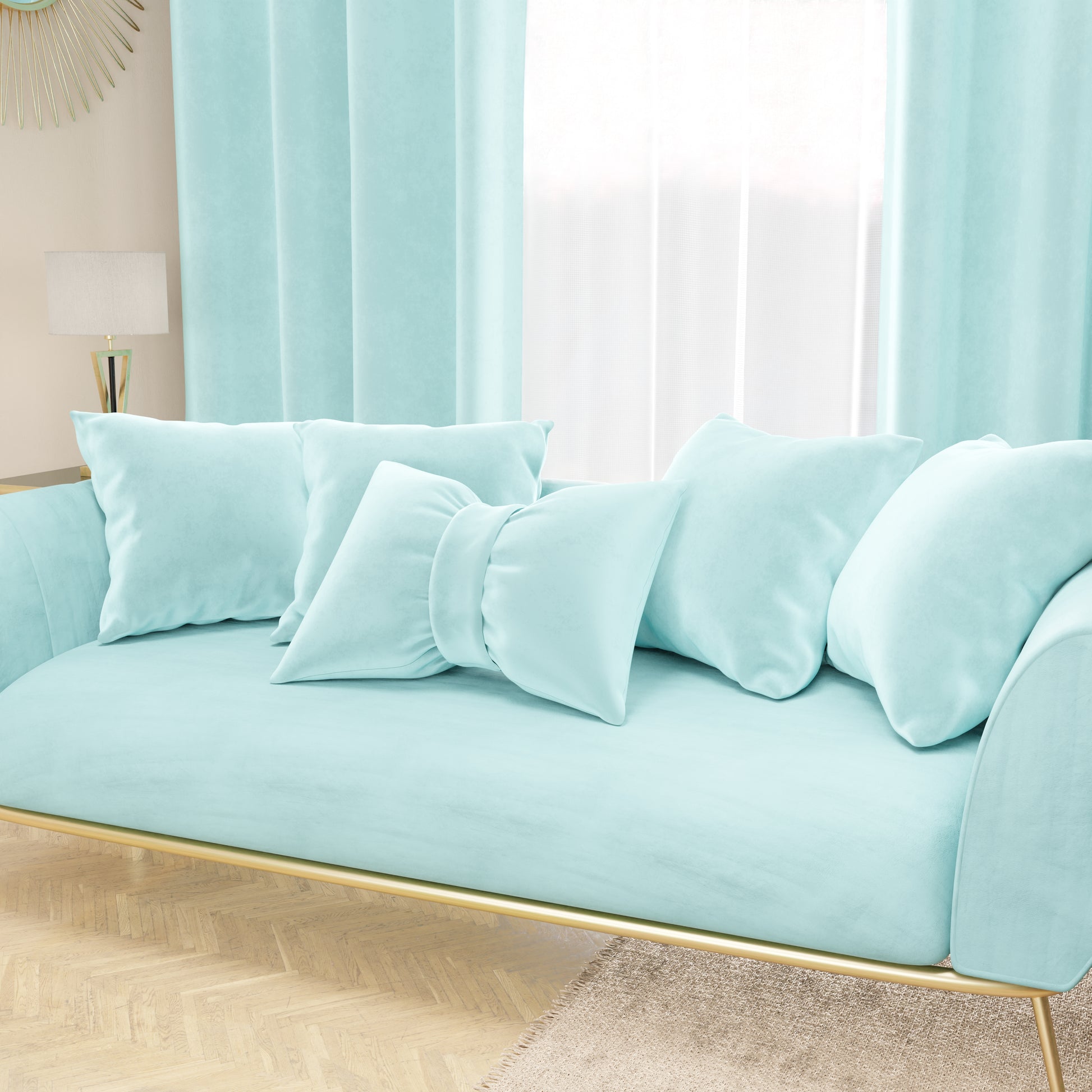 Sofa Cushions, Light Blue Bow Velvet Cushions 1pc - Main Image