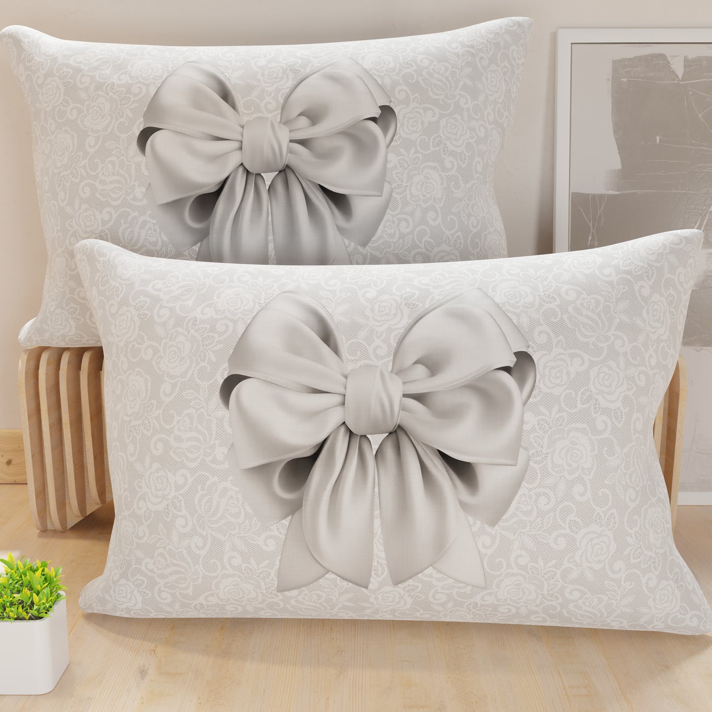 Pillowcases, Cushion Covers in Digital Print, Gray Bow