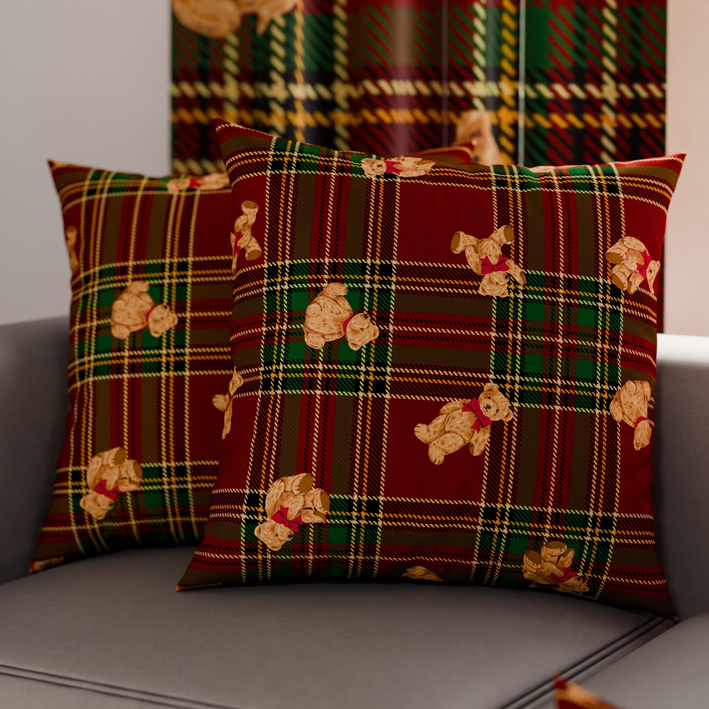 Cuscini, Copricuscini Divano, Cuscini Arredo Natalizi Orsetto Tartan