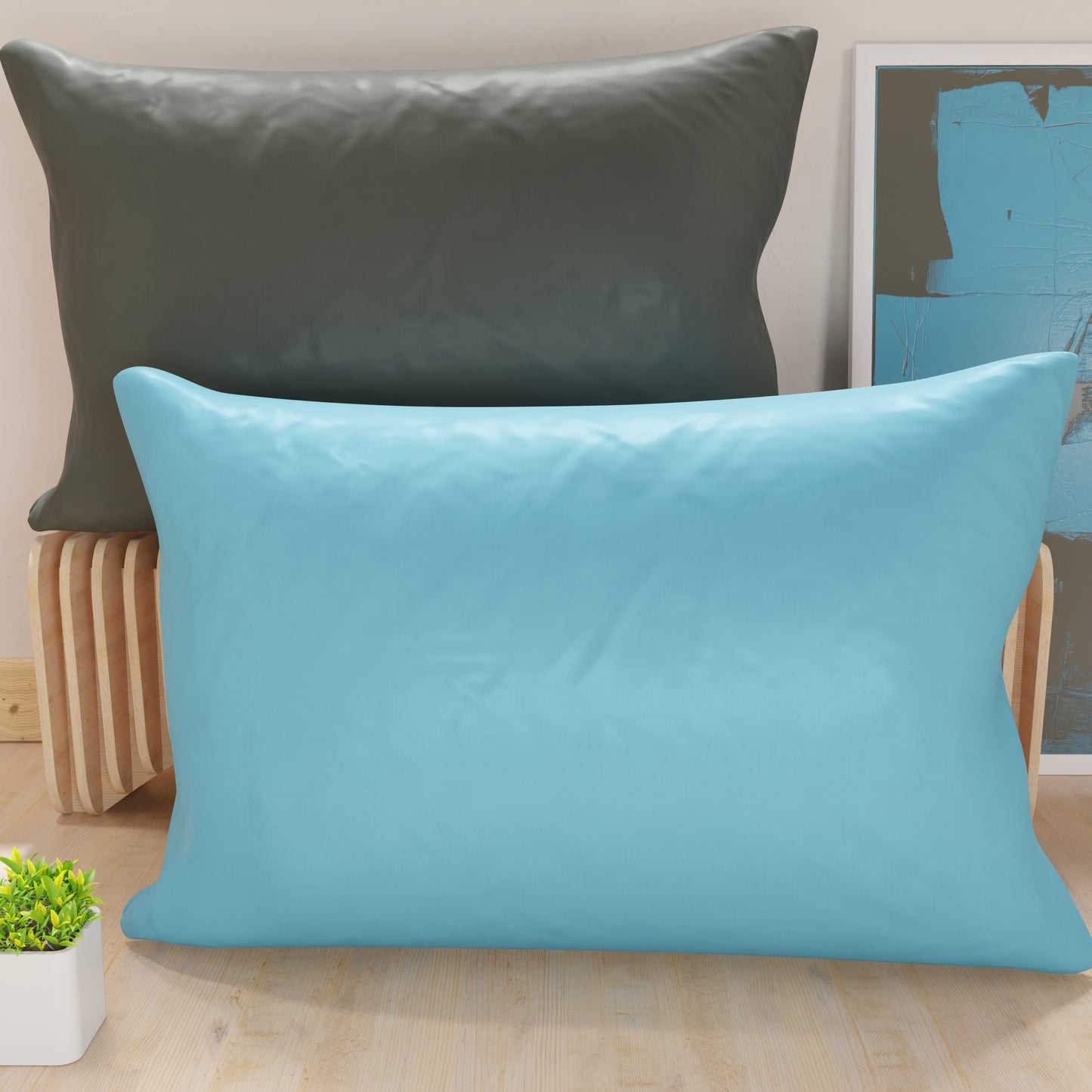 Federe, Coppia Federe, Copricuscini, 100% Microfibra Anallergica, Celeste/Grigio Scuro