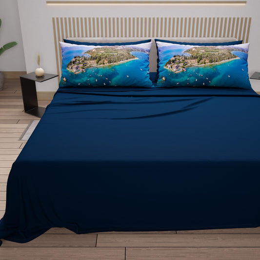 Lenzuola in Cotone, Completo Letto con Federe in Stampa Digitale, Lago di Garda