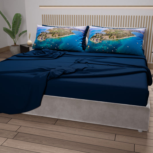 Lenzuola in Cotone, Completo Letto con Federe in Stampa Digitale, Lago di Garda