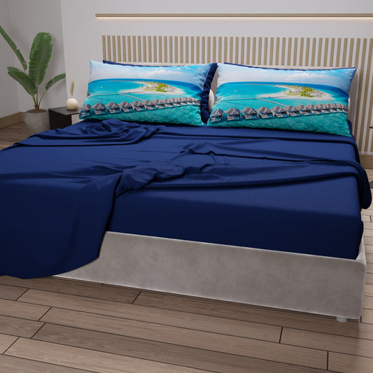 Draps en Coton, Parure de Lit avec Taies d'Oreiller en Impression Digitale, Maldives