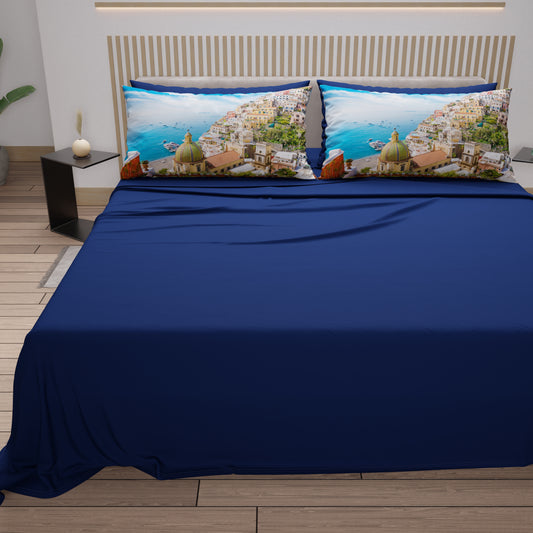 Draps en Coton, Parure de Lit avec Taies d'Oreiller en Impression Digitale, Positano