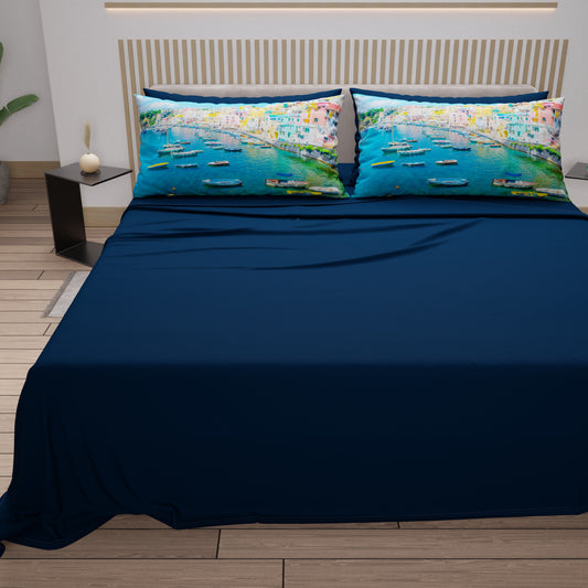 Draps en Coton, Parure de Lit avec Taies d'Oreiller en Impression Digitale, Procida