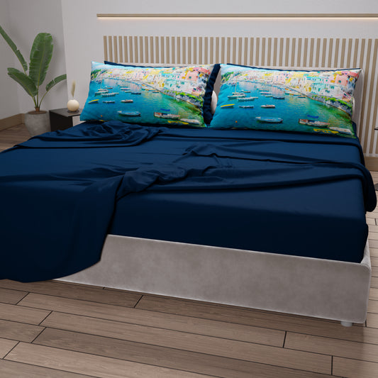 Draps en Coton, Parure de Lit avec Taies d'Oreiller en Impression Digitale, Procida