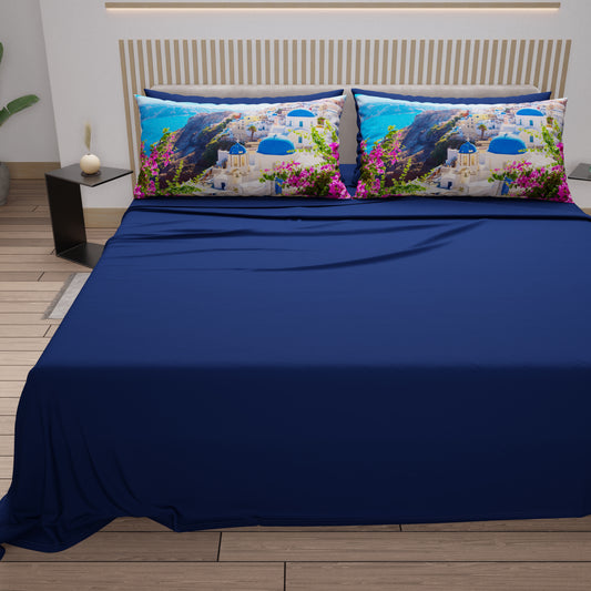 Draps en Coton, Parure de Lit avec Taies d'Oreiller en Impression Digitale, Santorin - Grèce