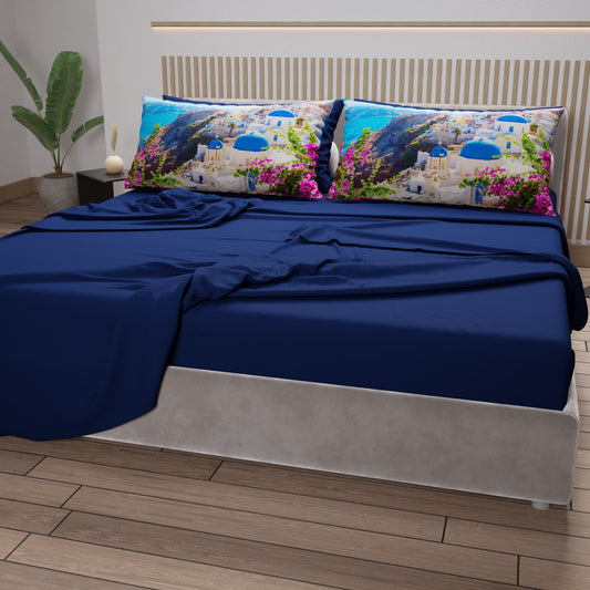 Draps en Coton, Parure de Lit avec Taies d'Oreiller en Impression Digitale, Santorin - Grèce