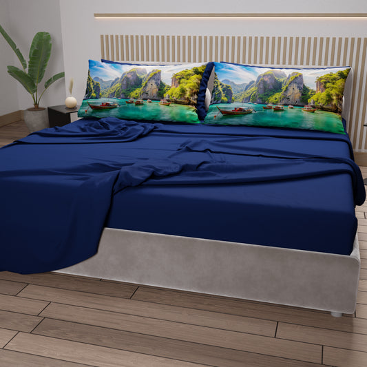 Draps en Coton, Parure de Lit avec Taies d'Oreiller en Impression Digitale, Phi-Phi