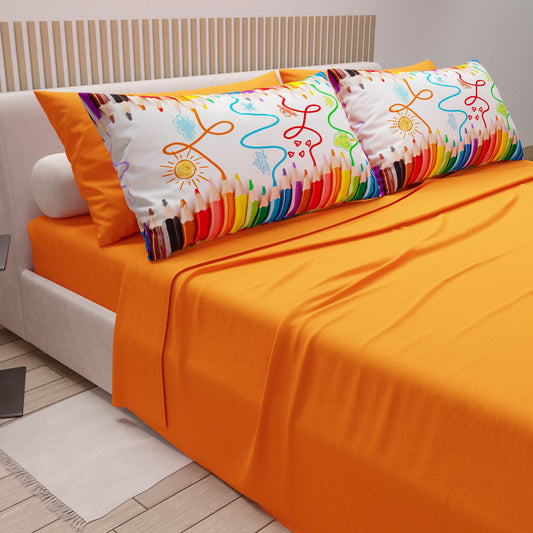 Cotton sheets, bed set with pencil digital print pillowcases