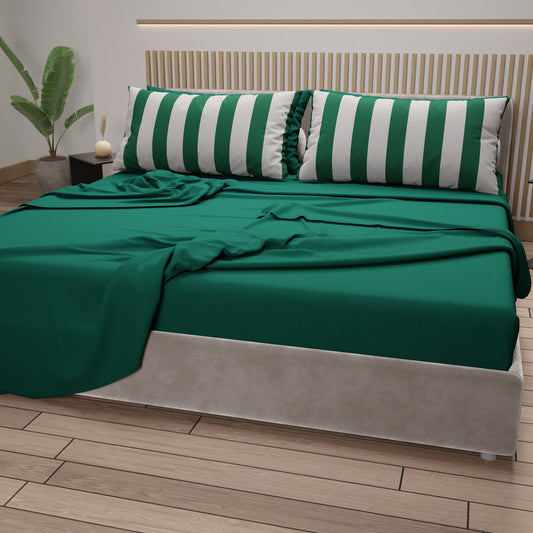 Lenzuola in Cotone, Completo Letto con Federe in Stampa Digitale Righe Bianco/Verde Scuro