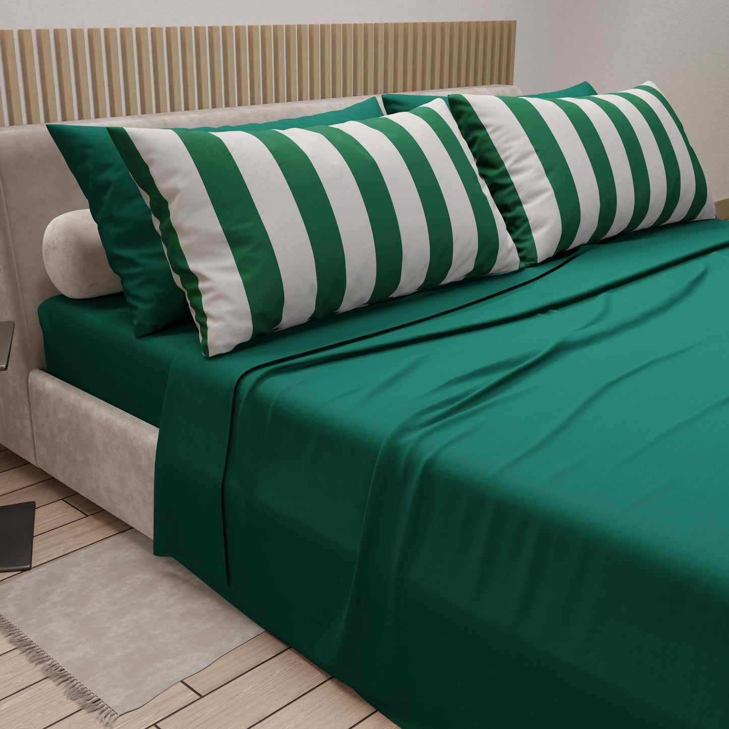 Lenzuola in Cotone, Completo Letto con Federe in Stampa Digitale Righe Bianco/Verde Scuro