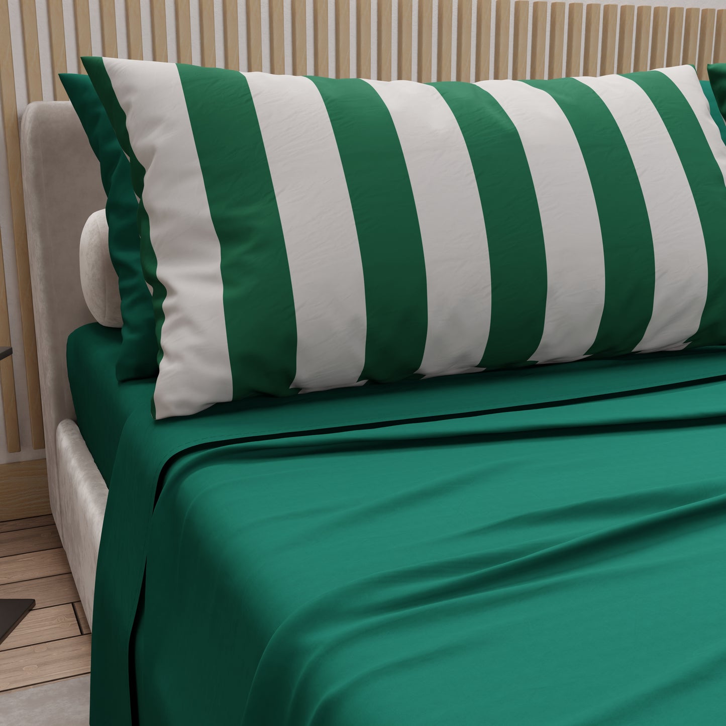 Lenzuola in Cotone, Completo Letto con Federe in Stampa Digitale Righe Bianco/Verde Scuro