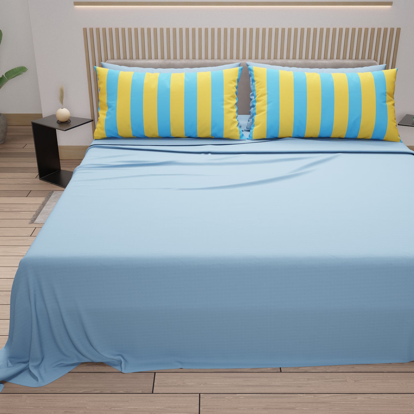 Lenzuola in Cotone, Completo Letto con Federe in Stampa Digitale Righe Giallo/Celeste
