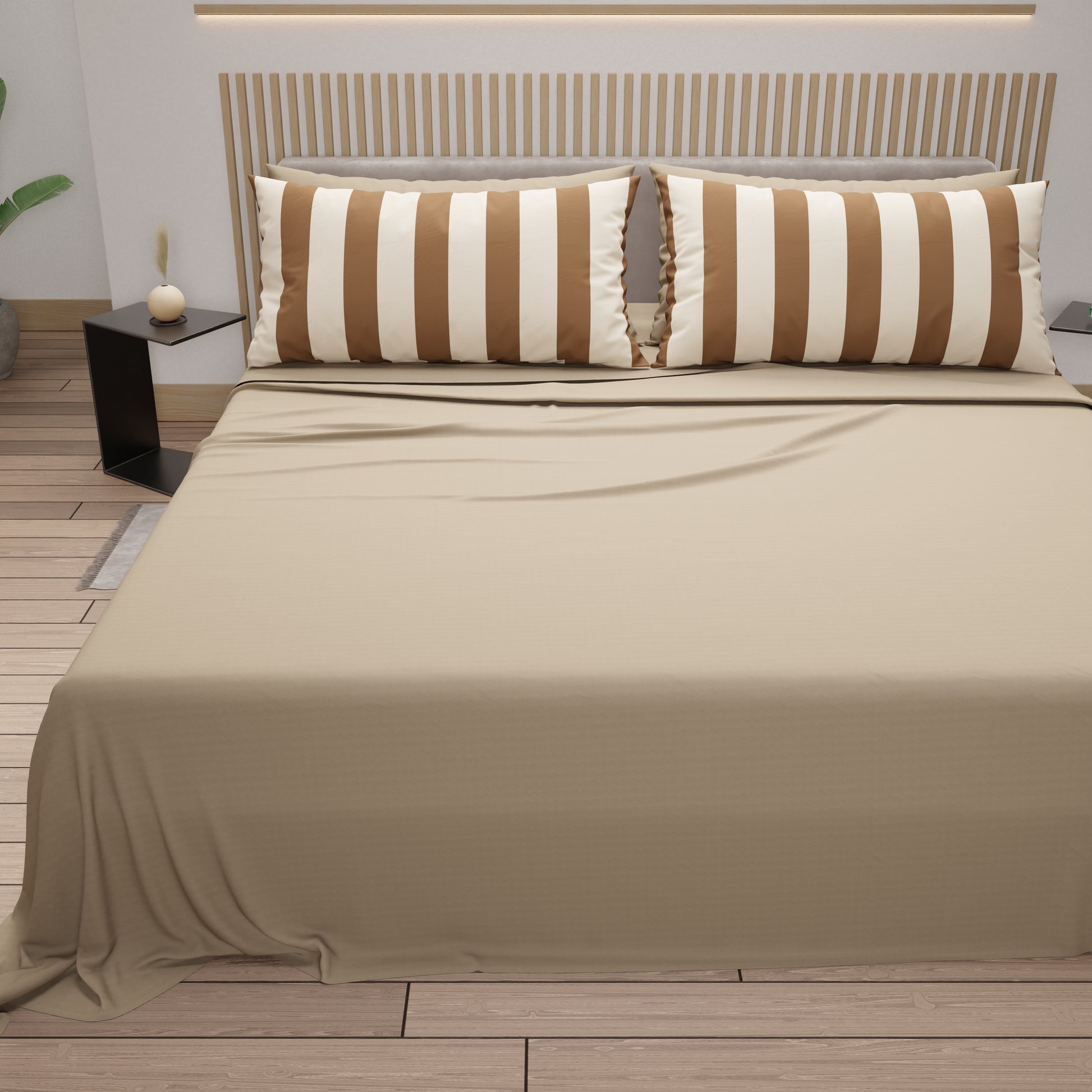 Lenzuola in Cotone, Completo Letto con Federe in Stampa Digitale Righe Marrone/Beige.