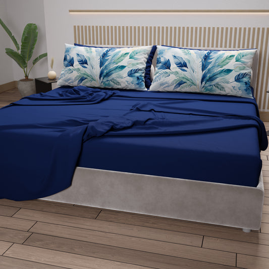 Draps en coton, Parure de lit avec taies d'oreiller en impression numérique Palmwater Bleu