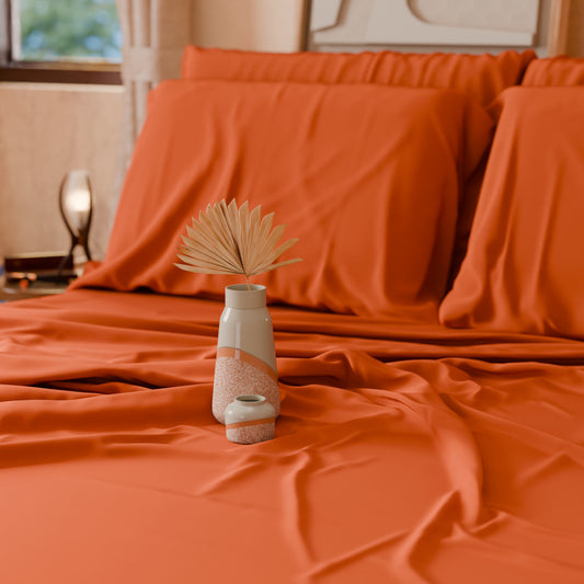 Set Lenzuola Matrimoniali, Singole, Una Piazza e Mezza, in Cotone, Arancio