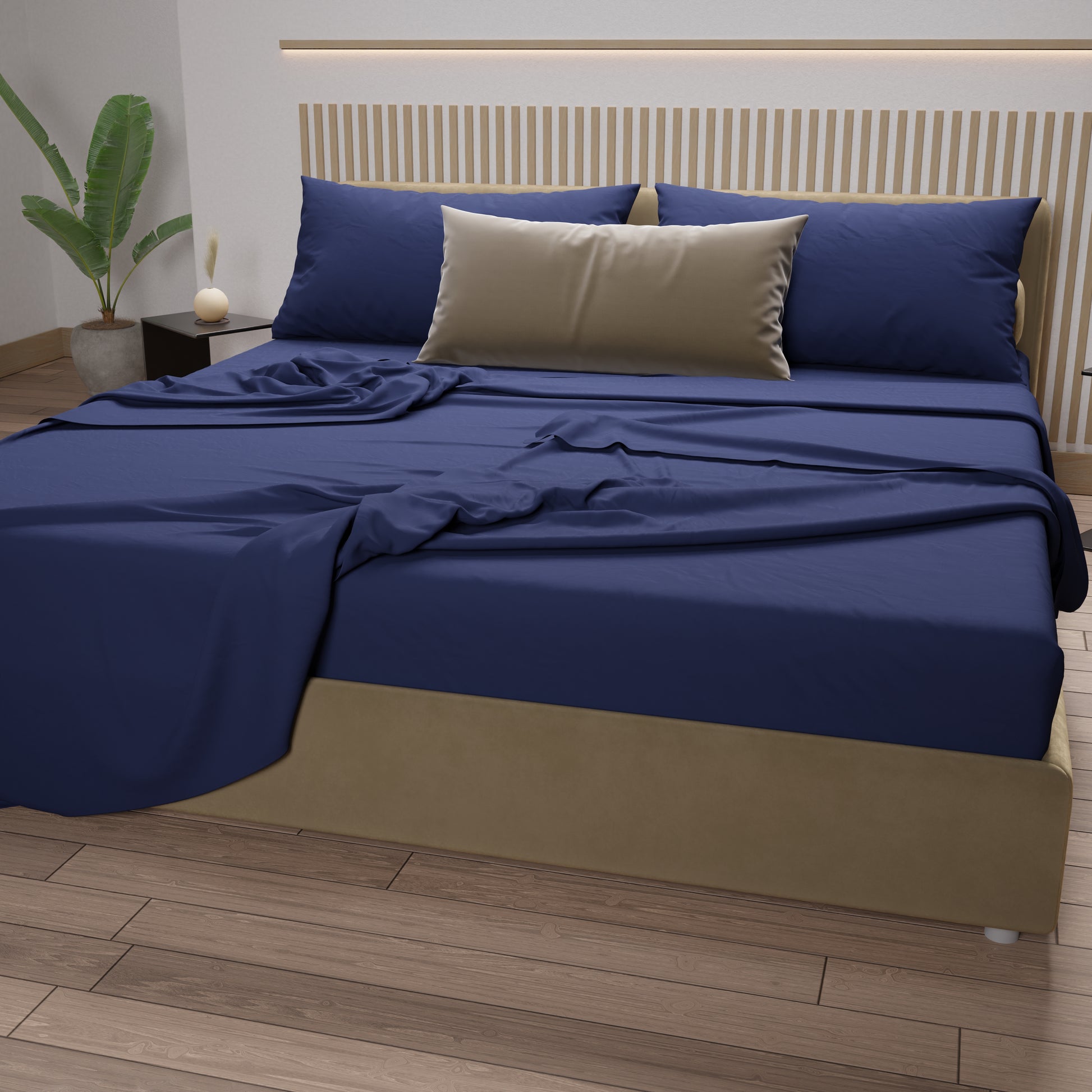 Set lenzuola matrimoniali blu scuro: la scelta perfetta per un look moderno e raffinato nel tuo letto.