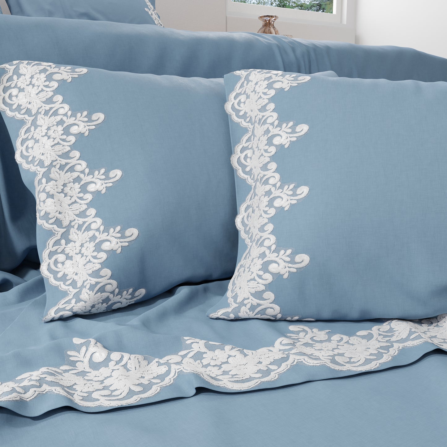 Percale Sheets with Lace, Light Blue Cotton Double Sheets