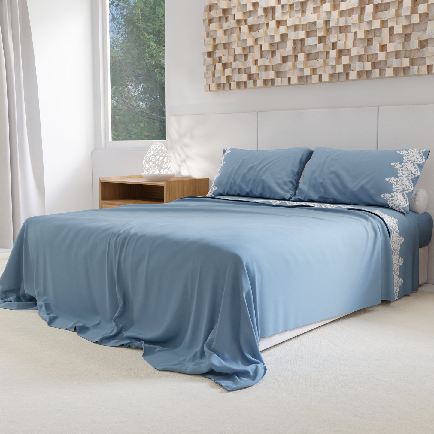 Percale Sheets with Lace, Light Blue Cotton Double Sheets