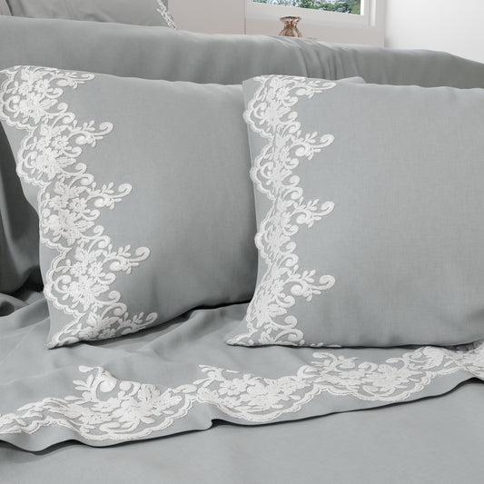 Percale Sheets with Lace, Gray Cotton Double Sheets