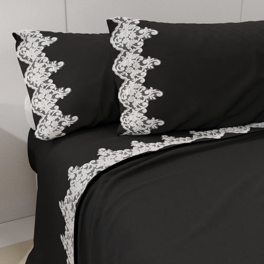 Lenzuola Percalle con Pizzo, Lenzuola Matrimoniali Cotone Nero