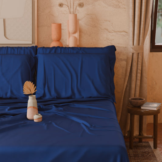 Lenzuola Tinta Unita in Raso di Cotone Blu