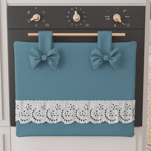 Elegant Shabby Chic Oven Cover with Lace and Avion Blue Bows 