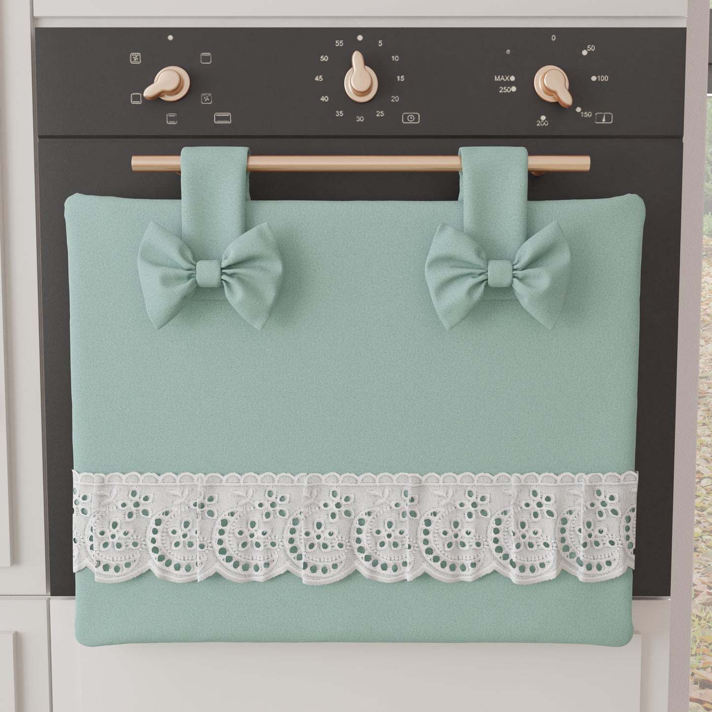 Elegant Shabby Chic Oven Cover with Lace and Teal Bows
