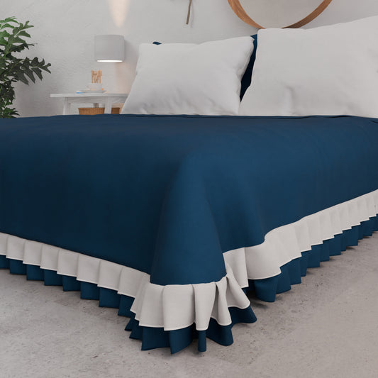Boutis d'Été pour Lit Double, Boutis avec Double Volant, Bleu Nuit