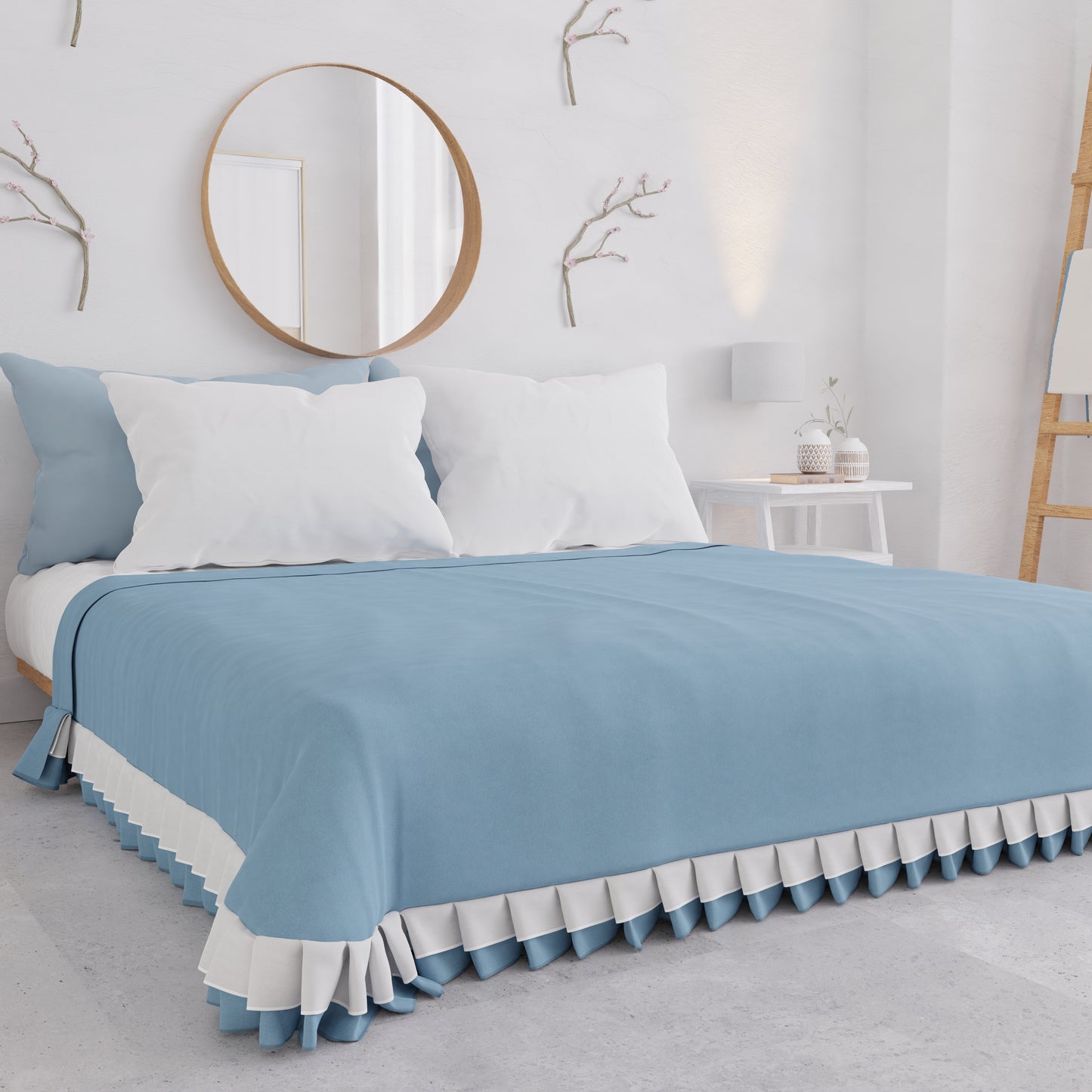 Couvre-lit double été, couvre-lit avec double volant, bleu clair 