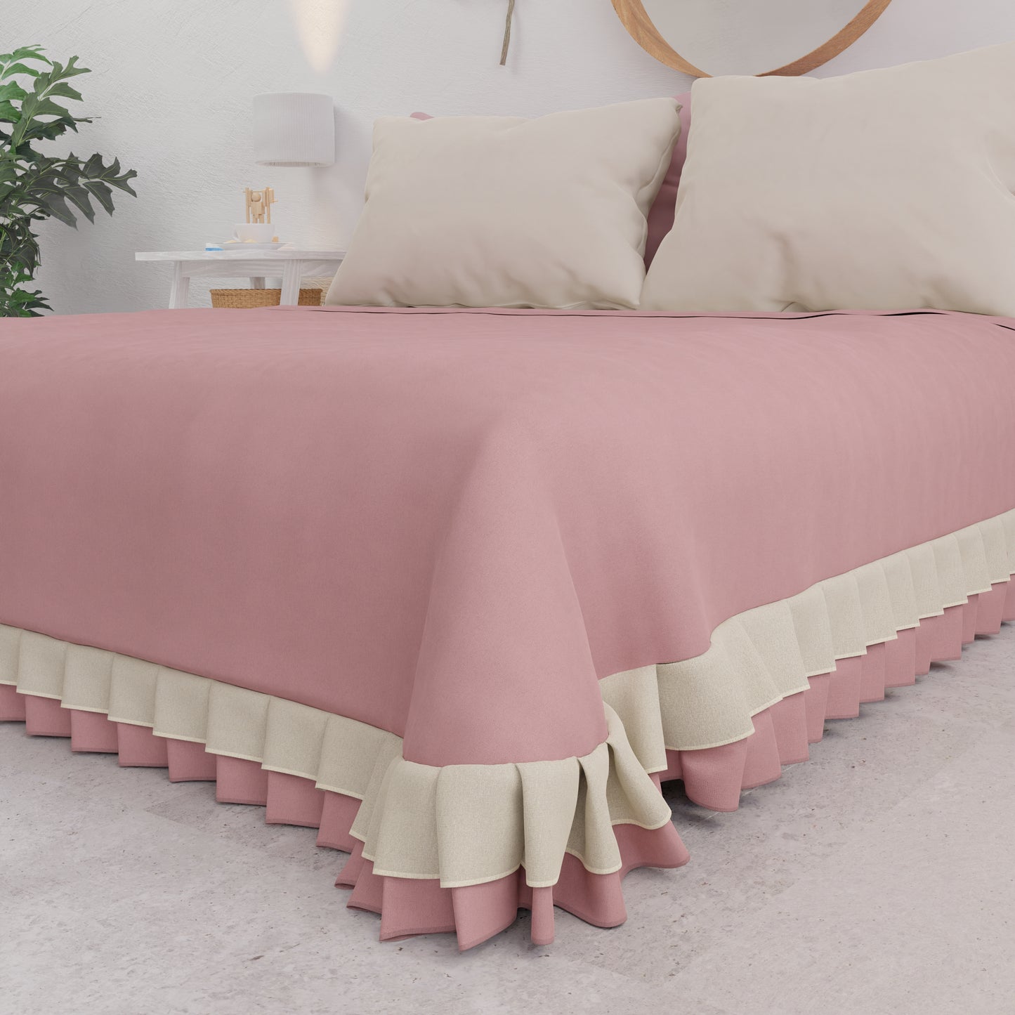 Couvre-lit double d'été, couvre-lit à double volants, rose 