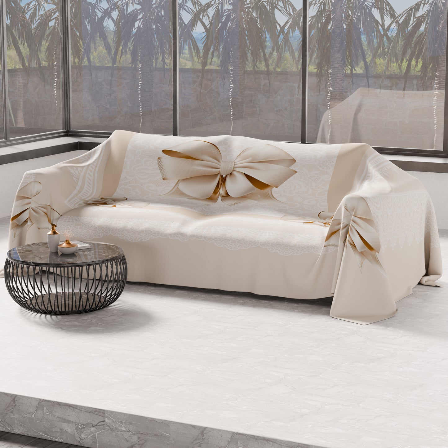 Telo Arredo Copridivano, Copriletto, Copritavolo e Copritutto in Microfibra | Fantasia Fiocco Beige