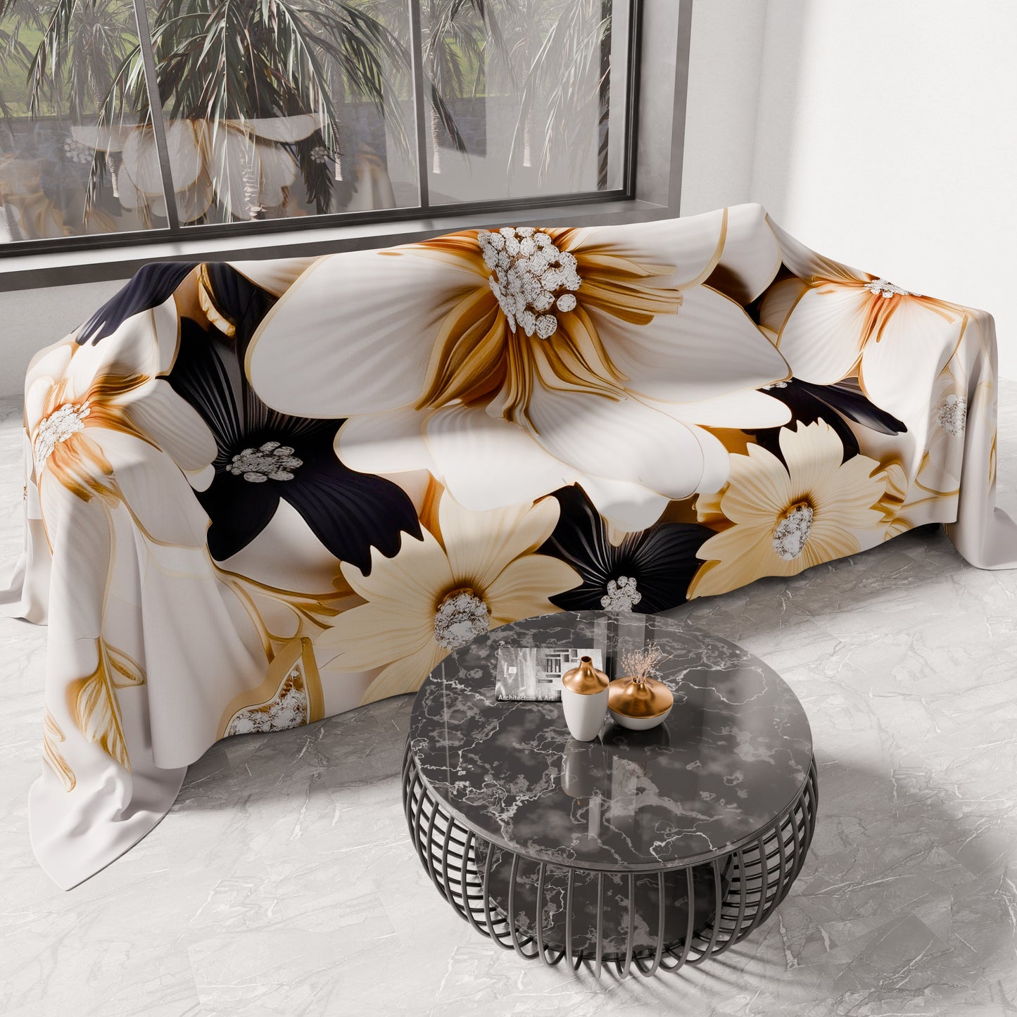 Copriletto Estivo, Coperta Leggera, Lenzuola Copriletto Flower Ceramic Nero