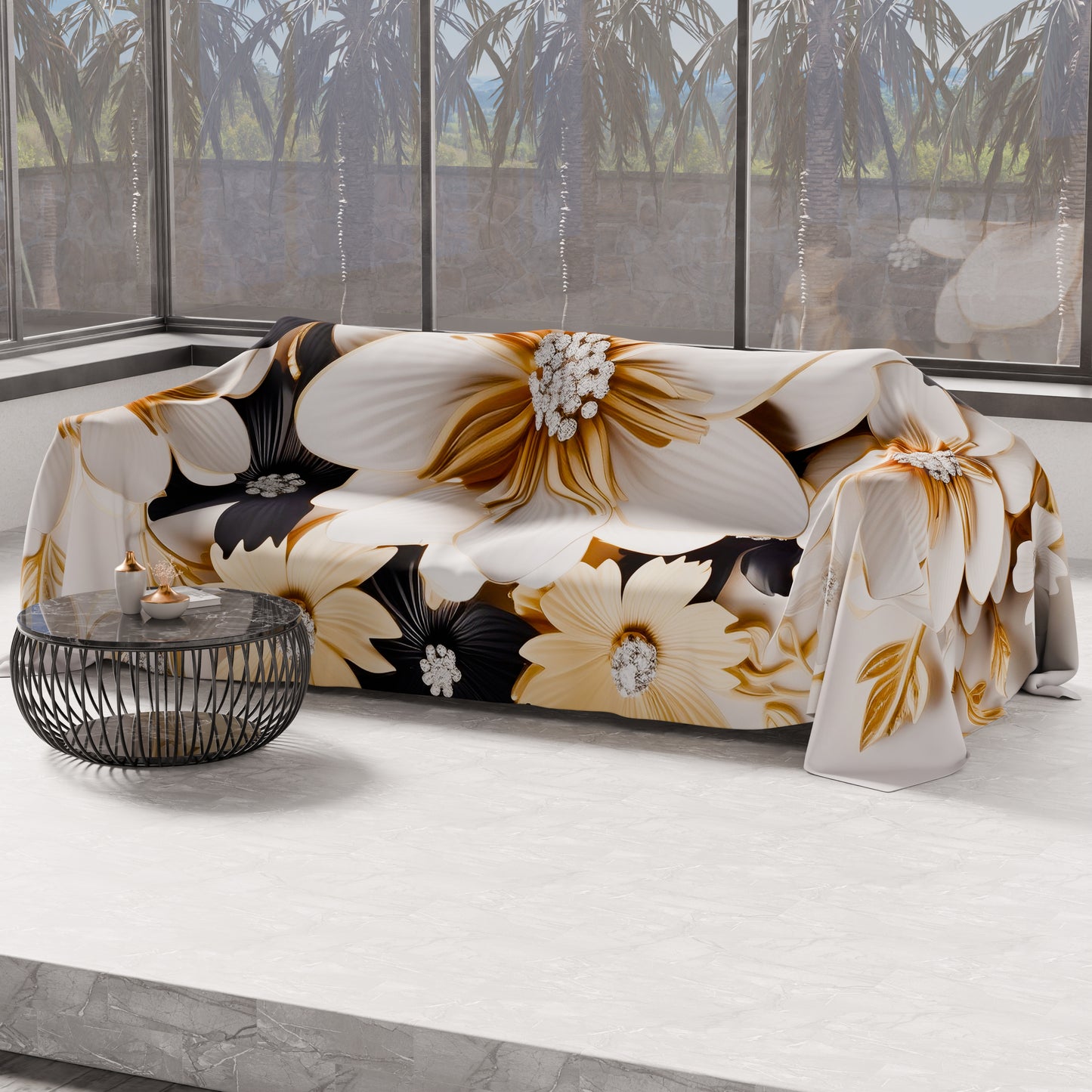 Telo Arredo Copridivano, Copriletto, Copritavolo e Copritutto in Microfibra | Fantasia Flower Ceramic Nero