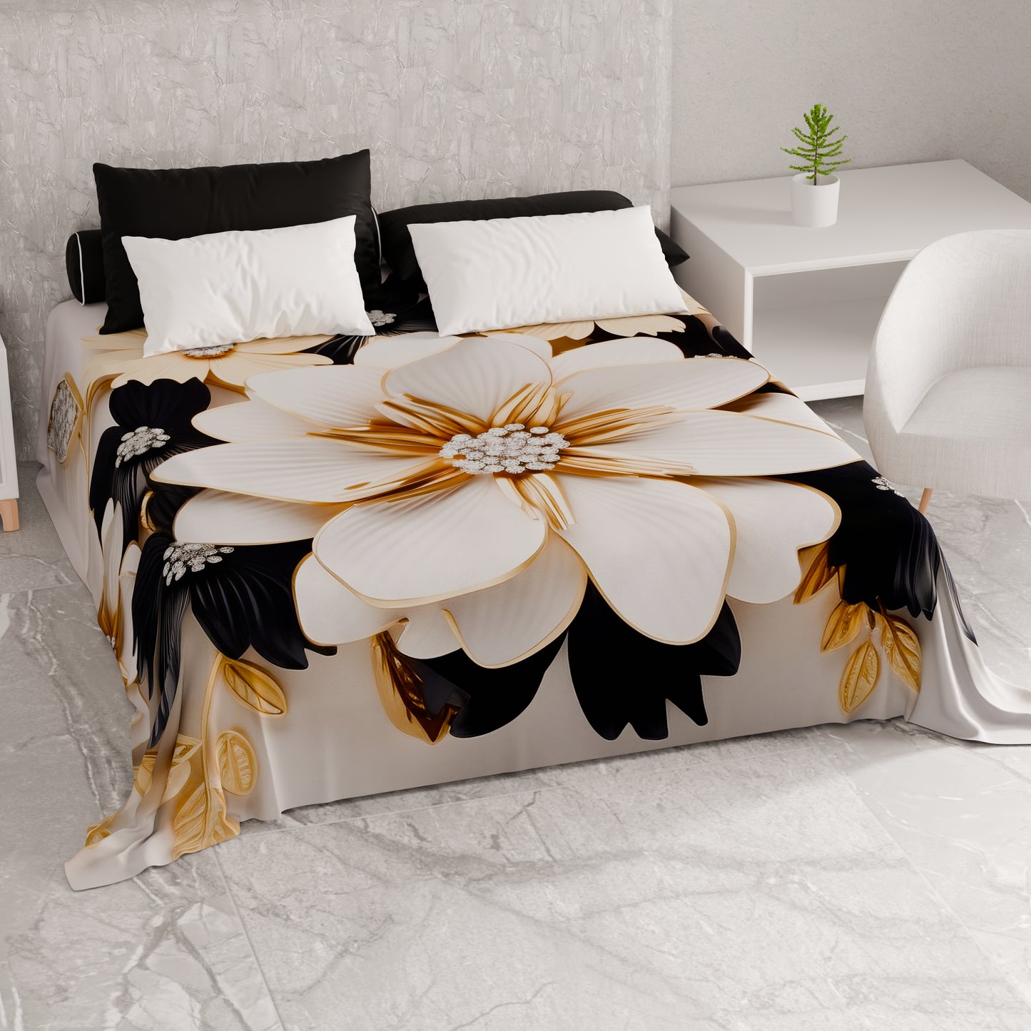 Telo Arredo Copridivano, Copriletto, Copritavolo e Copritutto in Microfibra | Fantasia Flower Ceramic Nero