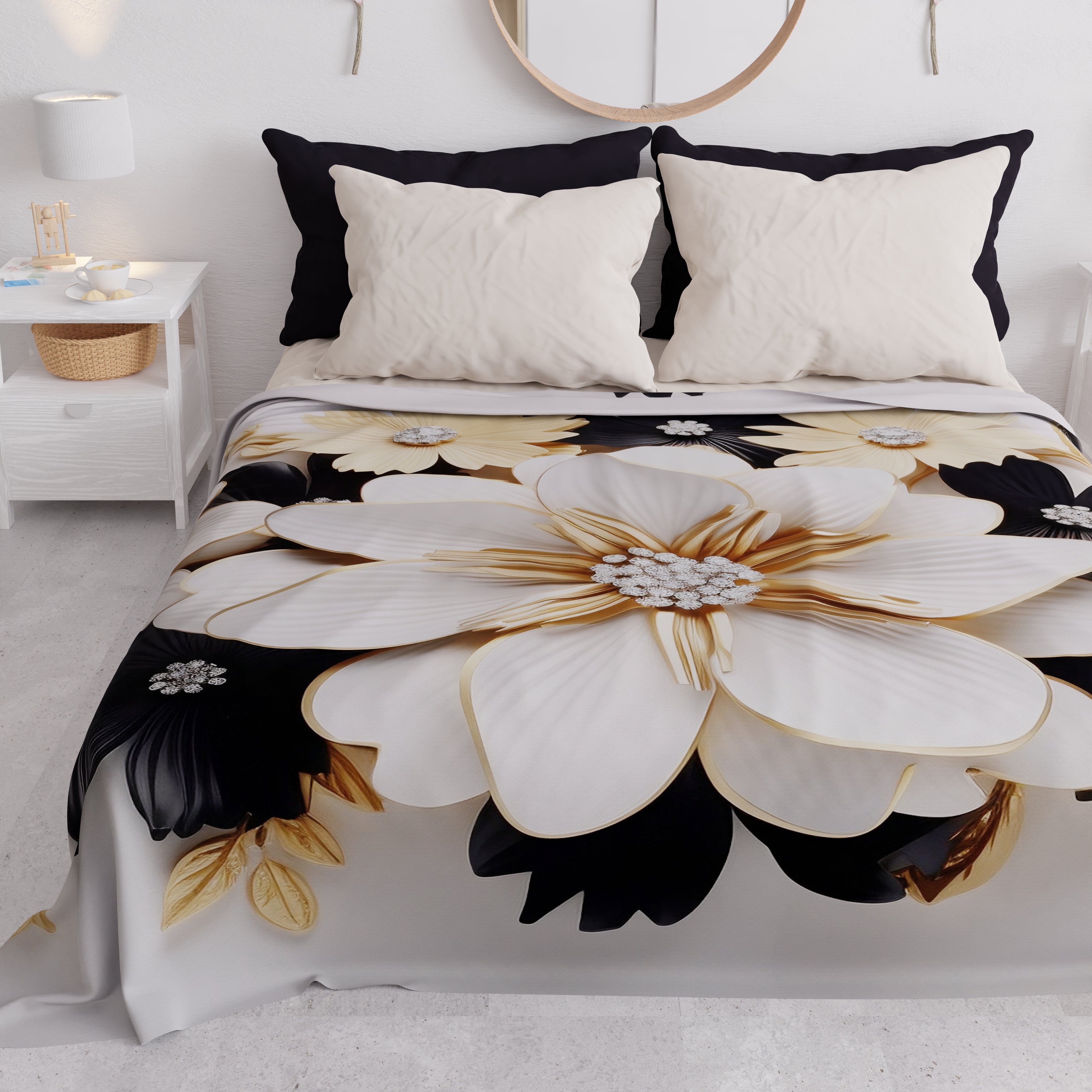 PETTI Copriletto Estivo, Coperta Leggera, Lenzuola Copriletto Flower Ceramic Nero