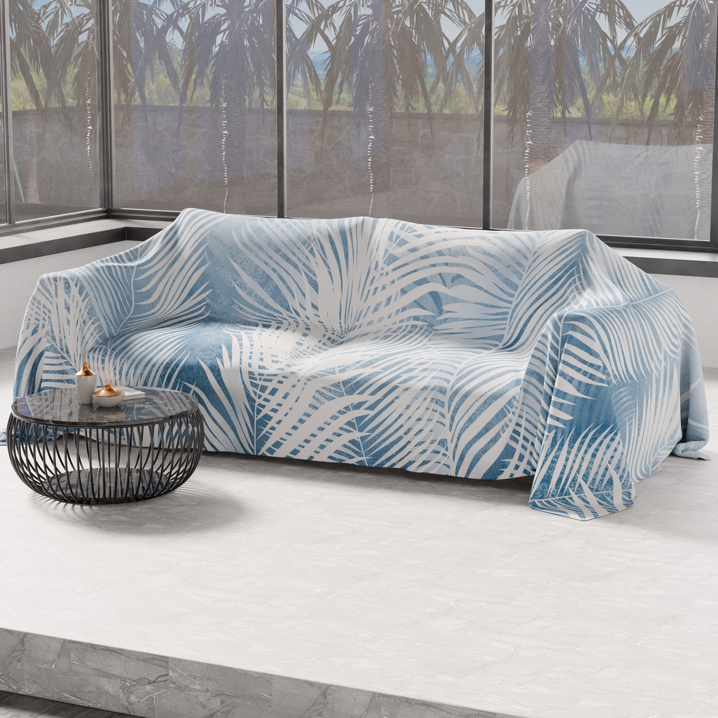 Telo Arredo Copridivano, Copriletto, Copritavolo e Copritutto in Microfibra | Fantasia Foglia Celeste