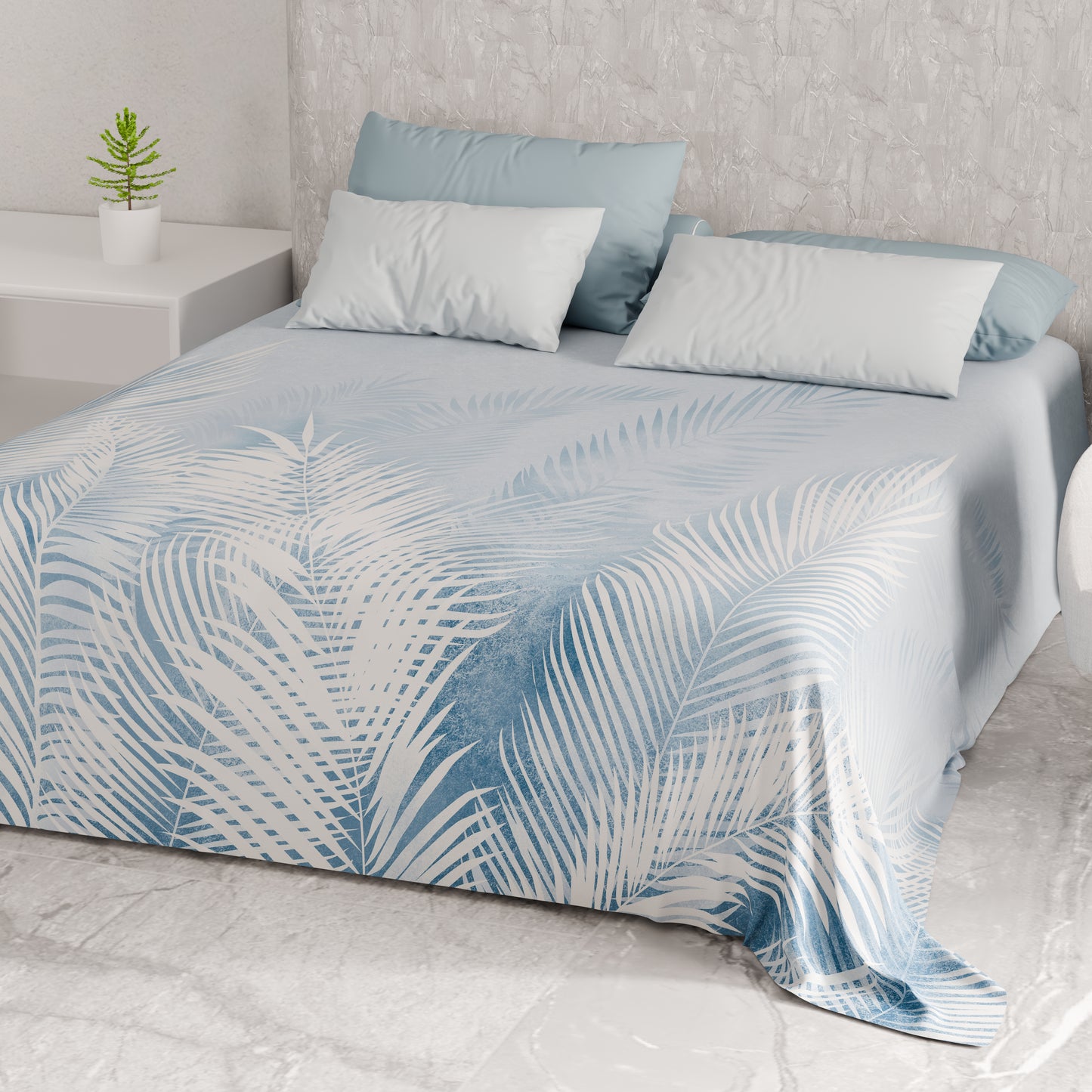 Telo Arredo Copridivano, Copriletto, Copritavolo e Copritutto in Microfibra | Fantasia Foglia Celeste