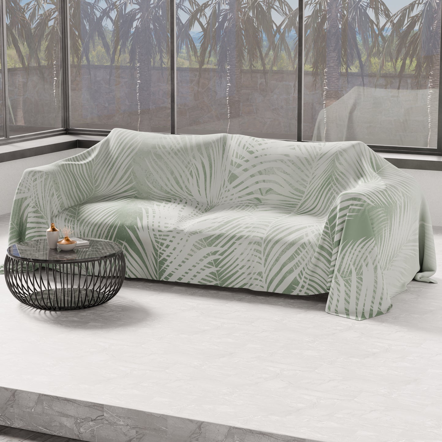 Telo Arredo Copridivano, Copriletto, Copritavolo e Copritutto in Microfibra | Fantasia Foglia Salvia