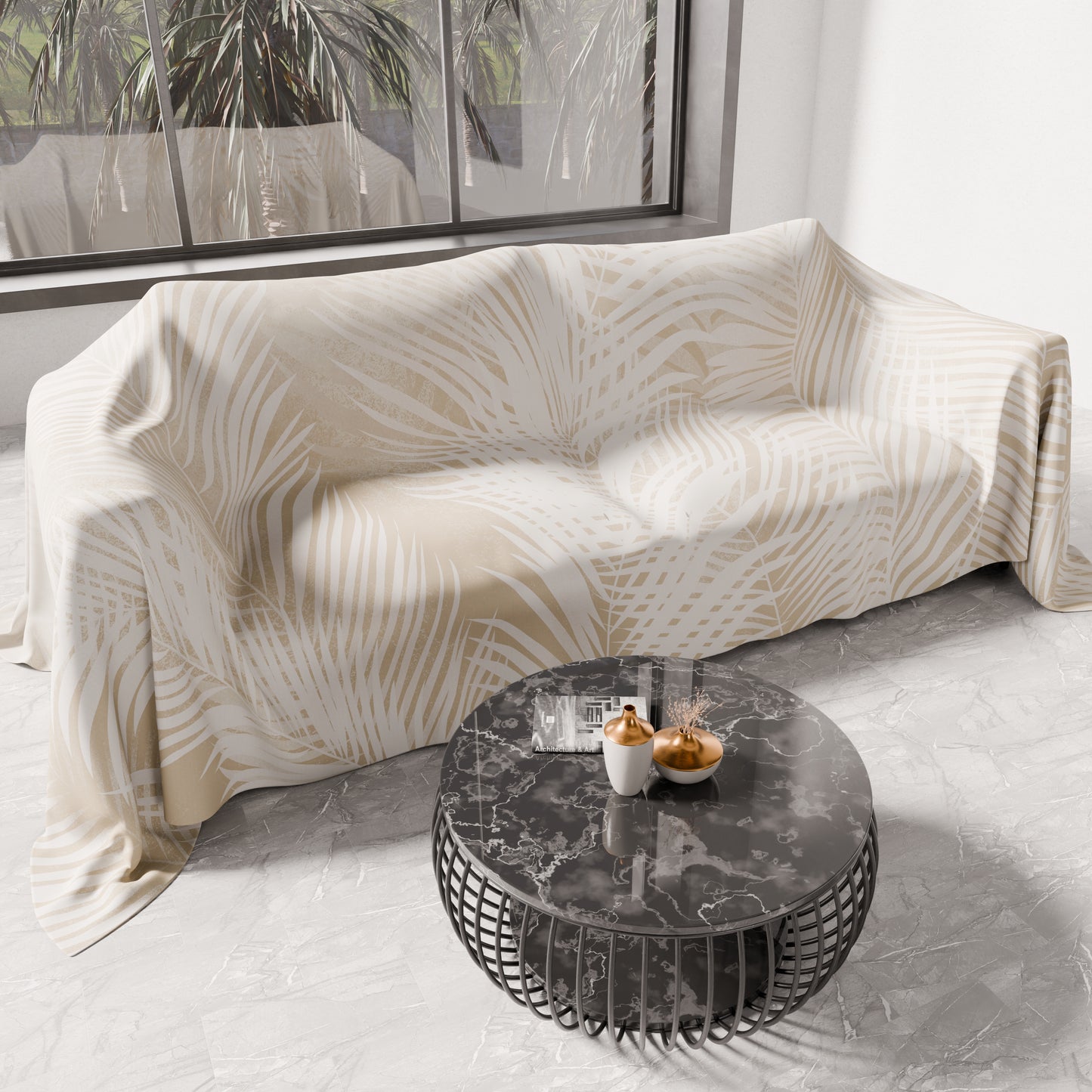 Telo Arredo Copridivano, Copriletto, Copritavolo e Copritutto in Microfibra | Fantasia Foglia Tortora