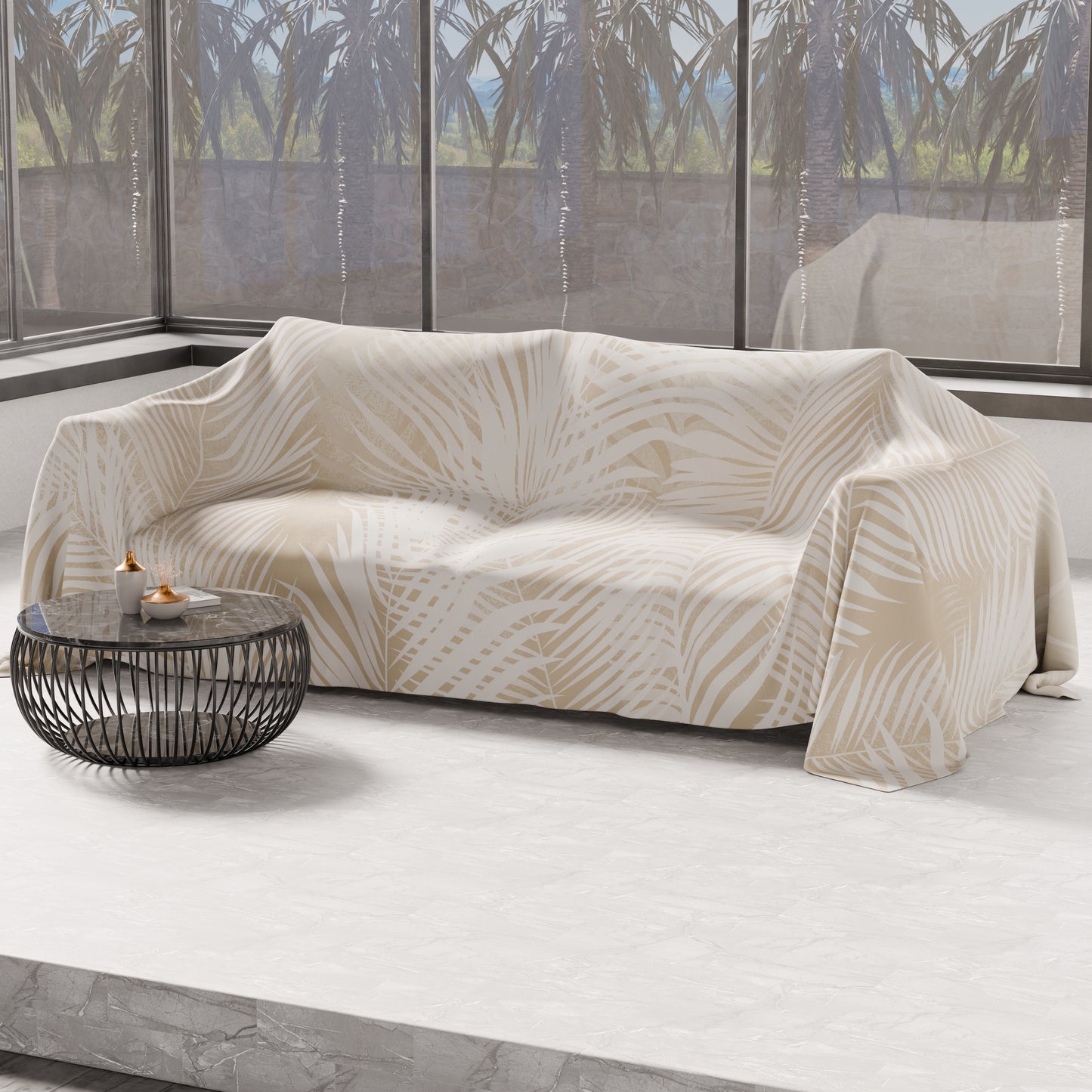 Telo Arredo Copridivano, Copriletto, Copritavolo e Copritutto in Microfibra | Fantasia Foglia Tortora