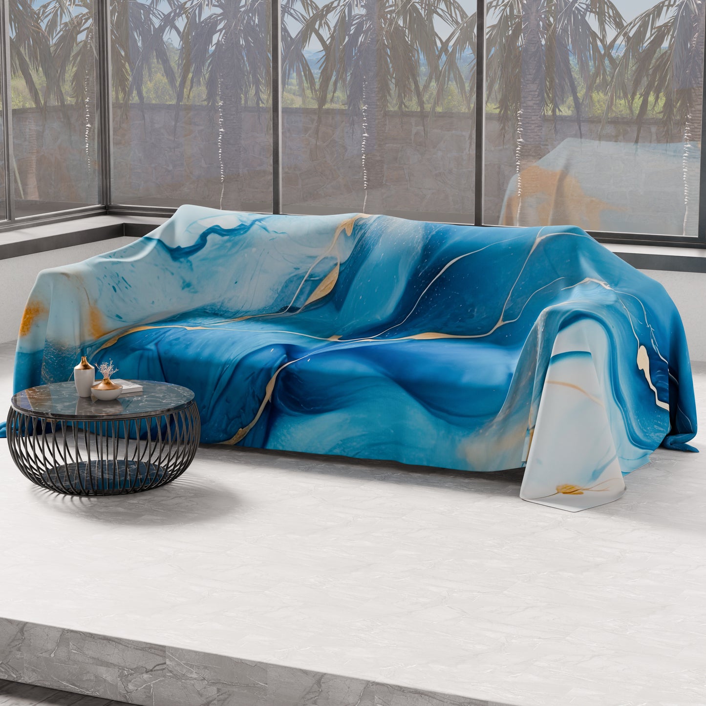 Telo Arredo Copridivano, Copriletto, Copritavolo e Copritutto in Microfibra | Fantasia Marble Azzurro